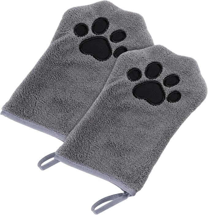 A Pair of Microfiber Reusable Pet Grooming Towel Gloves, Machine-Washable Double-Sided Bath Mitts, Dirt & Odor Removal Cleaner for Dog and Cat Paws & Coat (Grey)
