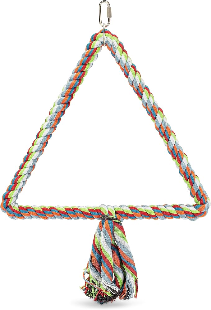 Spoiled Pet® Large Bird Rope Perch Triangle Swing Toy Multicolor 12 Inch | Natural cotton & steel rod cage accessory for Parrots Cockatoos, Safe to climb, chew, relieve boredom, with metal quick link