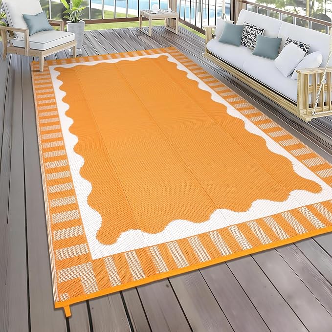 9x12 Outdoor Rug Waterproof Foldable Plastic Straw Carpet for Patio Porch Scalloped Border Reversible Mat Lightweight Floor Mat for Picnic, Backyard, Rv, Beach, Deck, Camper, Balcony，Orange