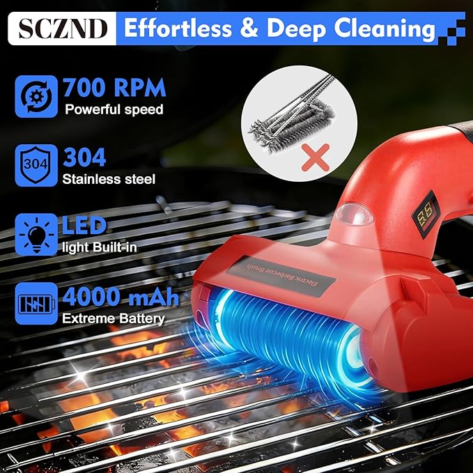 Upgraded Electric Grill Brush, Cordless Rechargeable BBQ Grill Cleaner with 2 Stainless Steel Head, 1 Cleaning Stone, IPX3 Waterproof, Safety Lock & LED Light for Outdoor Grill Grates