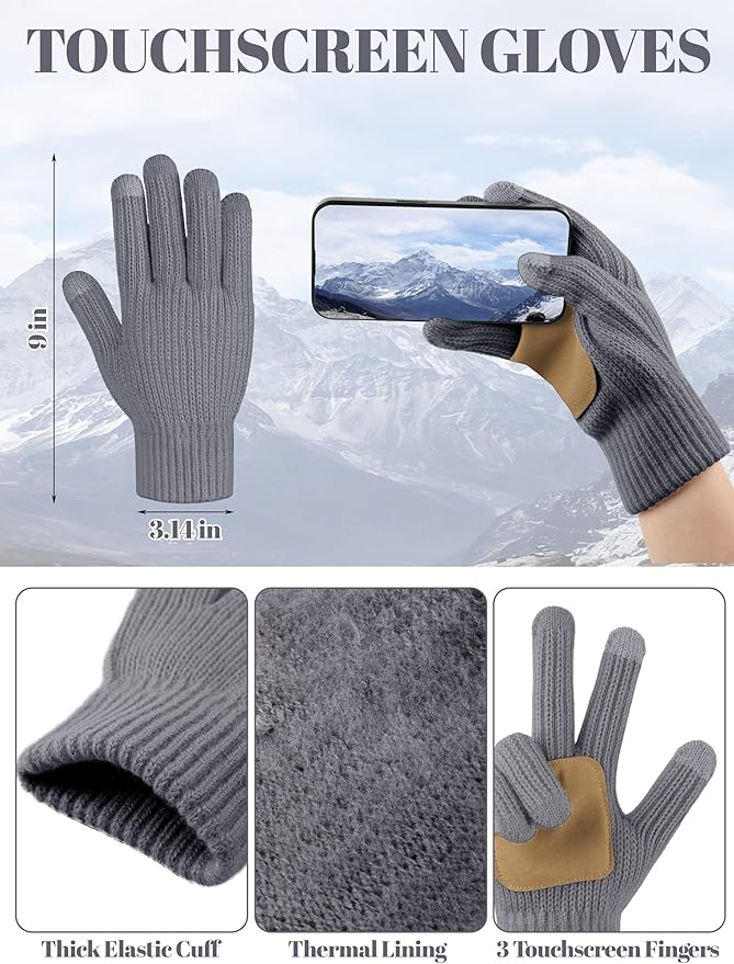 LOROME Women Winter Beanie Hat Scarf Gloves Set, Fleece Knitted Pompom Hat Warm Neck Scarf Touchscreen Gloves Winter Gift