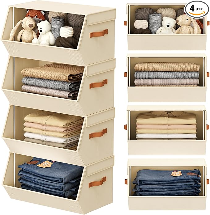 Stackable Closet Organizers and Storage Bins, Open Front Closet Shelf Organizer System With Steel Frame, Clothes Storage Basket Fabric, Collapsible Closet Drawers for Wardrobe, Nursery ,Toy, 4 Pack
