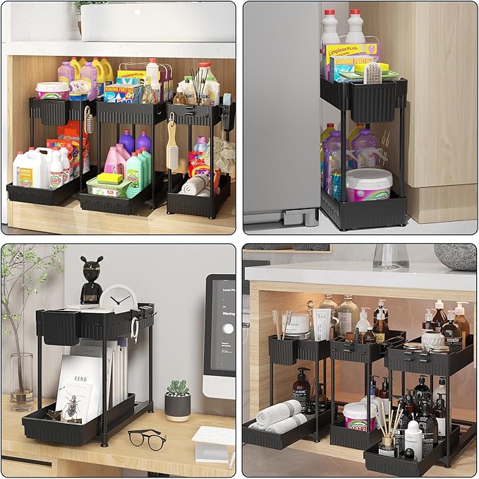 3 Pack Under Sink Organizers, 2-Tier Multi-Use Kitchen and Bathroom Organizers and Storage with Sliding Drawers, Bathroom Cabinet Organizer (Black, 14.8 Inch)