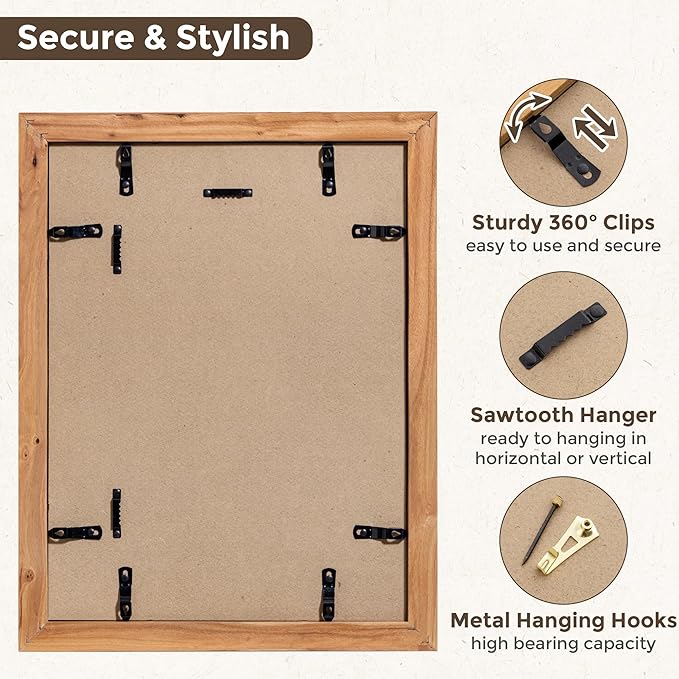 Fun Memories 12x16 Picture Frame, Solid Wood Frame 12 x 16, Display Pictures 8.5x11 with Mat or 12x16 Without Mat, 12"x16" Rustic Picture Frame with Real Tempered Glass, Natural, 1 Pack
