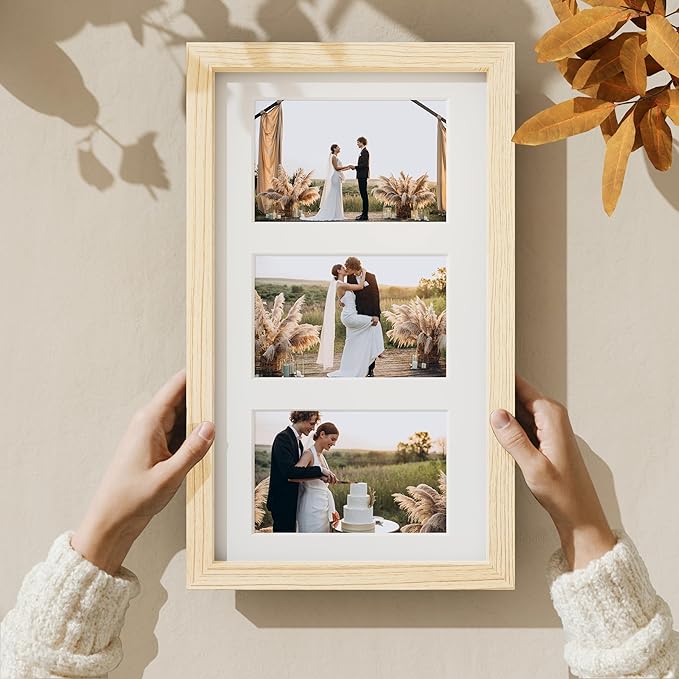Vittanly 8x14 Picture Frames Collage Wall Decor, Displays 3Pcs 4x6 Pictures with Mat or 1Pcs 8x14 without Mat, Collage Picture Frame for Horizontal or Vertical Display, Nature Wood, 1 Pack