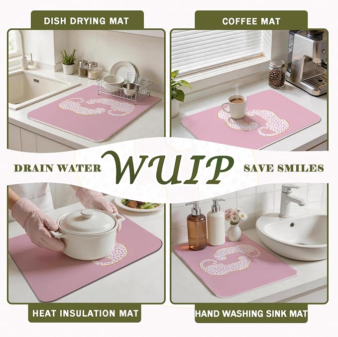 Pink Leopard Dish Drying Mats for Kitchen Counter, Preppy Girly Aesthetic Cheetah Print Absorbent Reversible Coffee Bar Mat Drying Pad for Kitchen Decor, 12x15 Inch