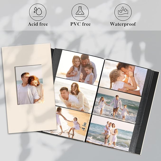Photo Album Holds 300 Pockets with Linen Cover and Customizable Window, Fits 4x6 Photos, Archival Black Pages, Blue