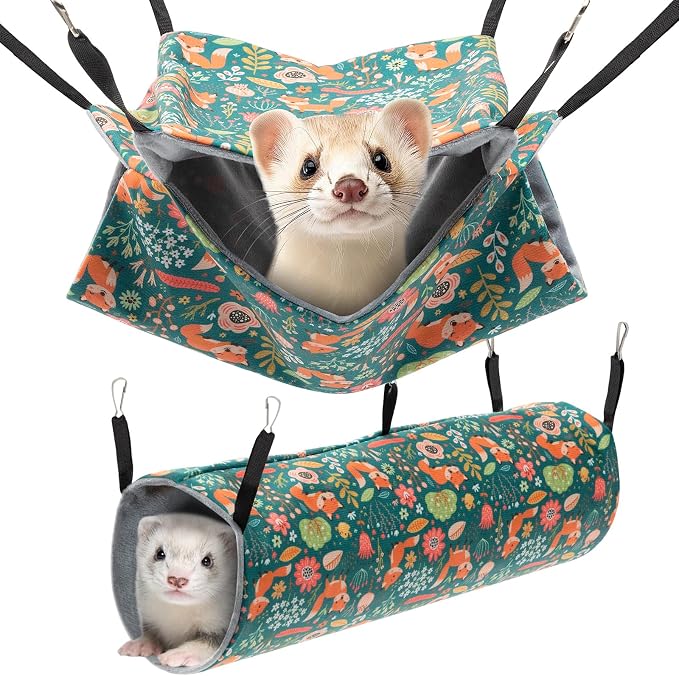 Ondware 2-Pack Ferret Hammock and Tunnel Set, Washable Cage Toy | Soft plush fabric, bunkbed design, metal hooks, 13.4 x 13.4 in hammock, 18 x 9 in tunnel for ferrets and small pets