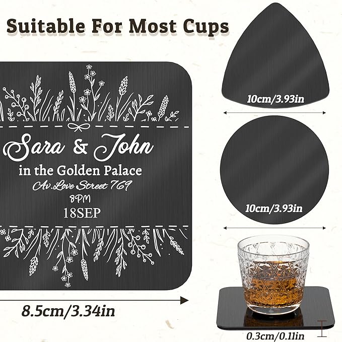 Personalized Coasters,Stainless Steel Coaster with Sponge Bottom,Engraved Drink Coasters with Logo/Name, Modern Coasters for Restaurant, Bar, Housewarming or Wedding Gift, Set of 6 (Black, Triangle)