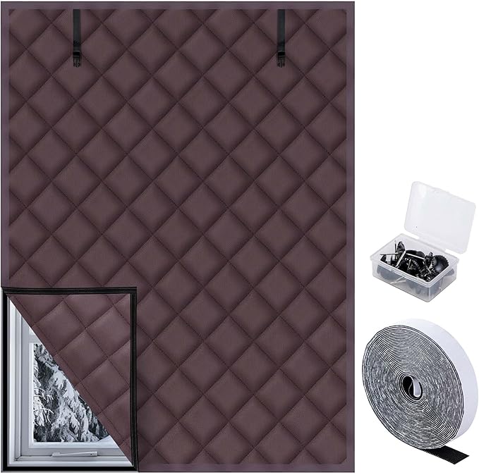 3 Layer 63 x 47 Inch Winter Insulated Window Cover,Oxford Thermal Insulated Window Blanket with Fastener,Brownish Red Window Insulation Kit for Winter Keeping Warm