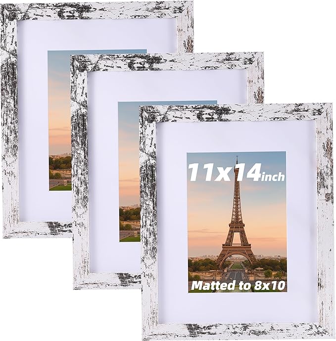 3 Pcs 11x14 Rustic White Wood Picture Frame - Display Pictures 8x10 with Mat or 11 x 14 without Mat - Distressed White Wooden Photo Frames for Wall Mounting 11 14 Matted to 8x10 Farmhouse Set of 3
