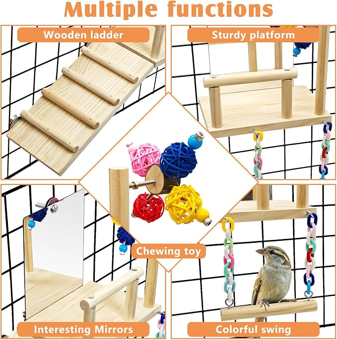 BNOSDM Bird Perch Platform with Mirror, Wooden Climbing Ladder for Parakeet, Small Bird Swing Toys with Rotating Balls Parrot Cage Accessories Budgie Playground for Cockatiel, Lovebirds, Conures