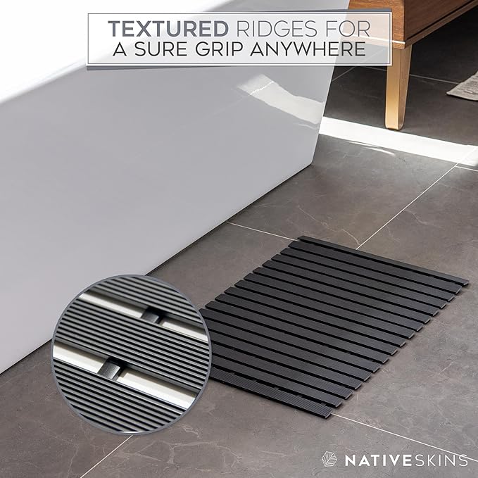 NativeSkins Faux Bamboo Bath Mat, Black, Non-Slip Safety Lining, Bamboo Shower Mat, Waterproof, Quick-Drying, Rectangular, 16.9 x 30.7 in