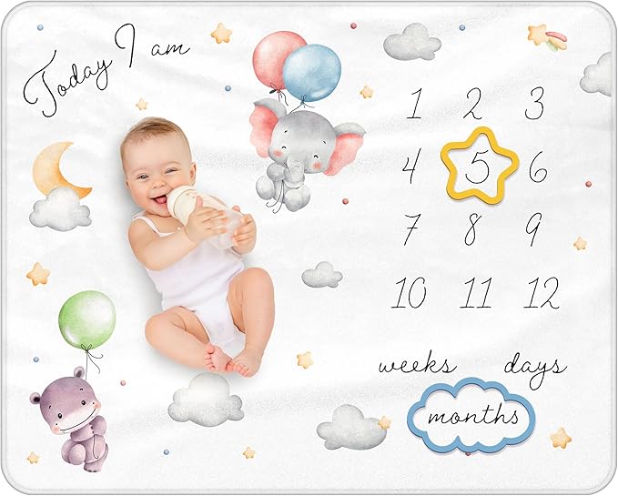 Baby Milestone Blanket, 40x50in Soft Flannel, Custom Cloud & Star Design with Baby Animals, Includes Yellow Star & Blue Cloud Milestone Markers, Perfect, White & Pastel Colors
