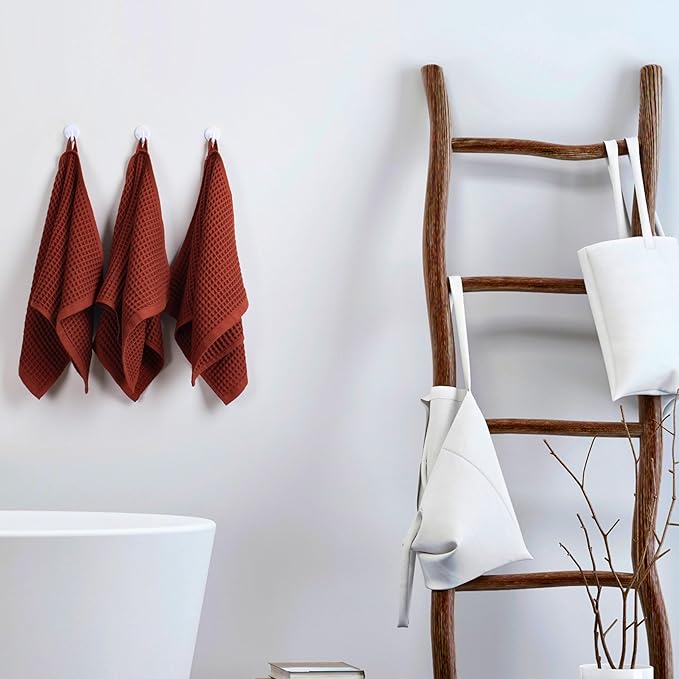 PÜSKÜL - Set of 3 Organic Waffle Hand Towel Red Brick - Premium Quality, 100% Turkish Cotton, Soft, Quick-Dry, Absorbent, Lint-Free Face Kitchen Hand Towels (Brick, Hand Towels - Pack of 3)