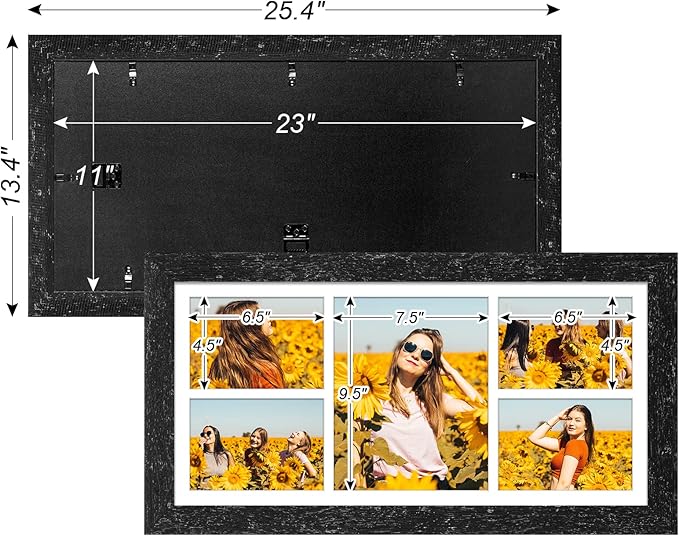 11x23 Picture Frame Display 5 opening 5x7 and 8x10 Picture Frame Collage,Multi Photo Frame with Mat,Plexiglass,Horizontal and Vertical Formats for Wall Decor,Black Wood Grain