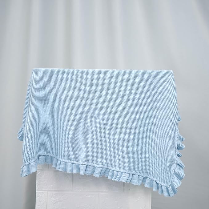 Ruffle Knit Blanket for Baby - 100% Luxury Soft Cotton Knit Warm Cozy Cuddle Stroller Crib Blanket for Newborns, Infants, & Toddlers (Baby Blue)