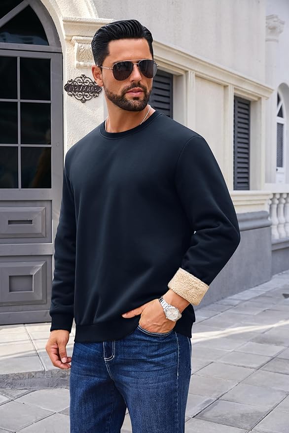 Boladeci Men's Full Sherpa Lined Crewneck Sweatshirts Heavy-weight Fleece Pullover Thick Thermal Long Sleeve Cotton