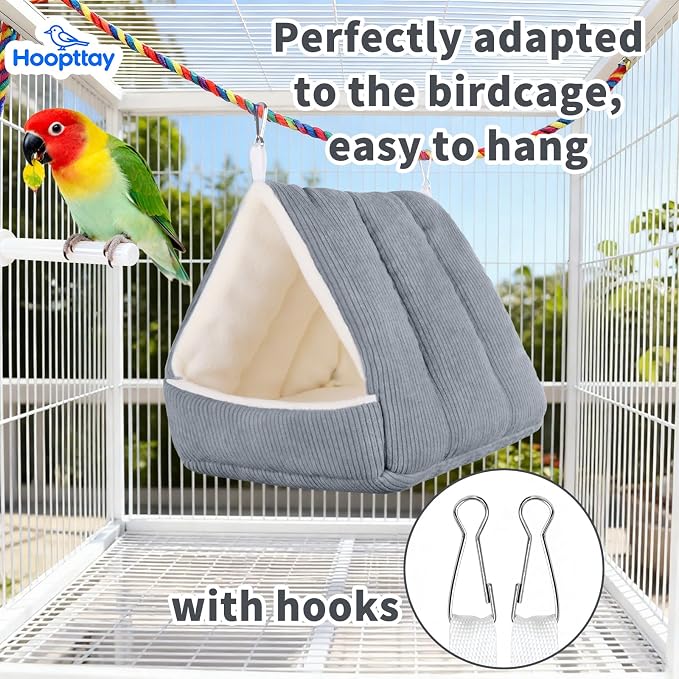 Medium Winter Warm Bird House and Bird Bed for Cage | Bird Bed with Soft Plush Hanging Hammock & Hut Tent, Hideaway Sleeping Nest for Budgies, Parakeets, Cockatiels (Grey, M)