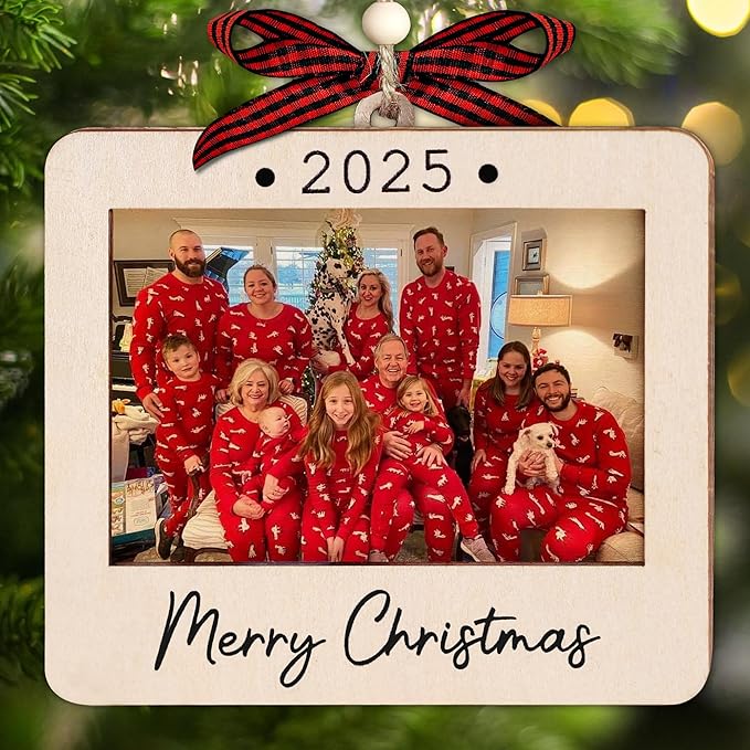 2025 Christmas Ornament Picture Frame - Wooden Landscape Photo Frame Ornaments - Picture Frame Ornament for Tree - Merry Christmas Ornaments with Picture Insert for Family, Friends
