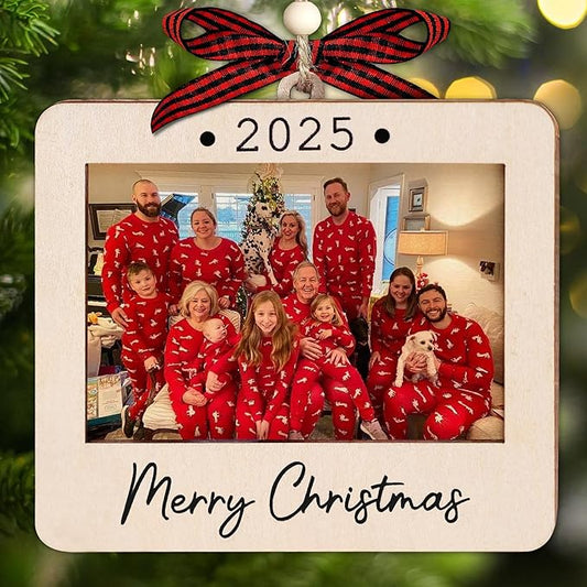 2025 Christmas Ornament Picture Frame - Wooden Landscape Photo Frame Ornaments - Picture Frame Ornament for Tree - Merry Christmas Ornaments with Picture Insert for Family, Friends