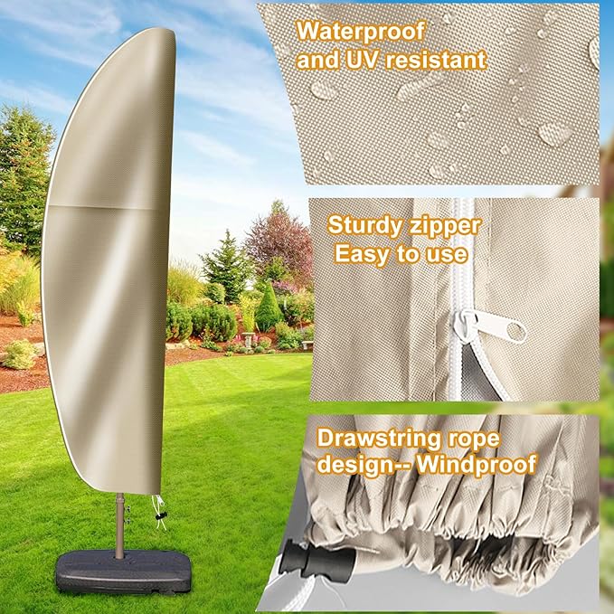 Waterproof Patio Umbrella Cover for Outdoor: 420D Oxford Fabric Cantilever Umbrella Covers with Rod & Smooth Zipper - Fits Garden Market Offset Umbrellas 7.5-11.5FT, Waterproof Windproof Anti-UV