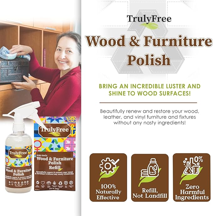 Truly Free Natural Wood Cleaner & Furniture Polish - Leather Cleaner, Vinyl, Furniture & Wood Polish, Helps Remove Water Stain, Unscented - Includes: 1 Refillable Empty 12oz Bottle & 1 Refill(3 fl oz)