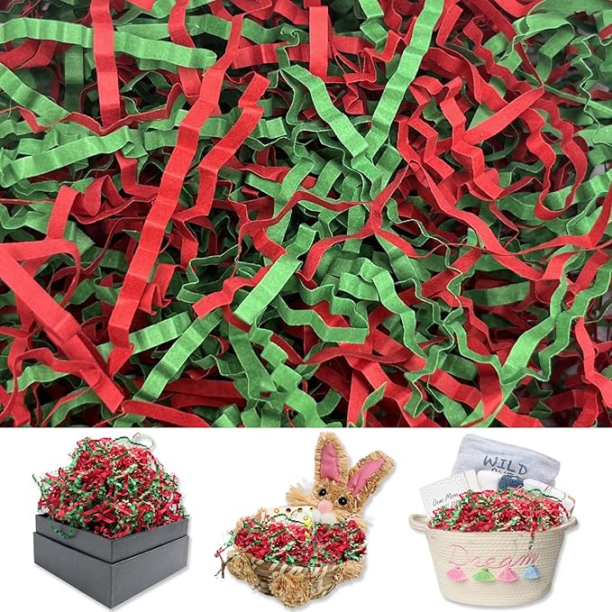 Red Green Crinkle Cut Paper Shred Filler, 2 LB Basket Filler Shredded Paper, Confetti Stuffing for Basket Filling, Mother's Day, Birthdays, Weddings, DIY Gift Wrapping, Stuffer Party Supplies