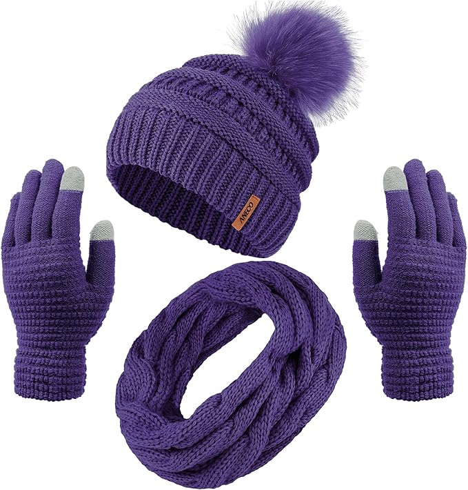 Aneco Womens Winter Warm Sets Knitted Fur Pompoms Beanie Hat Circle Loop Scarf Touch Screen Gloves Winter Favor Accessories