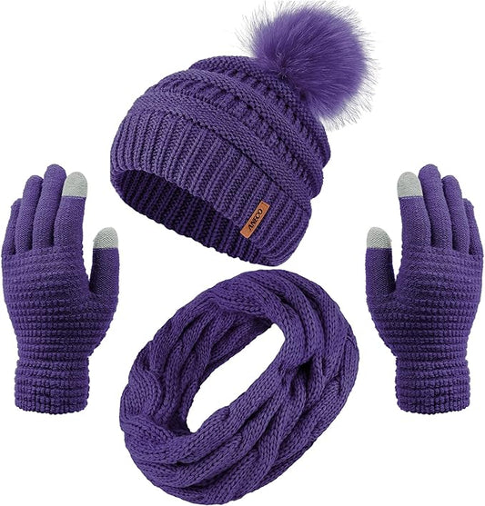 Aneco Womens Winter Warm Sets Knitted Fur Pompoms Beanie Hat Circle Loop Scarf Touch Screen Gloves Winter Favor Accessories