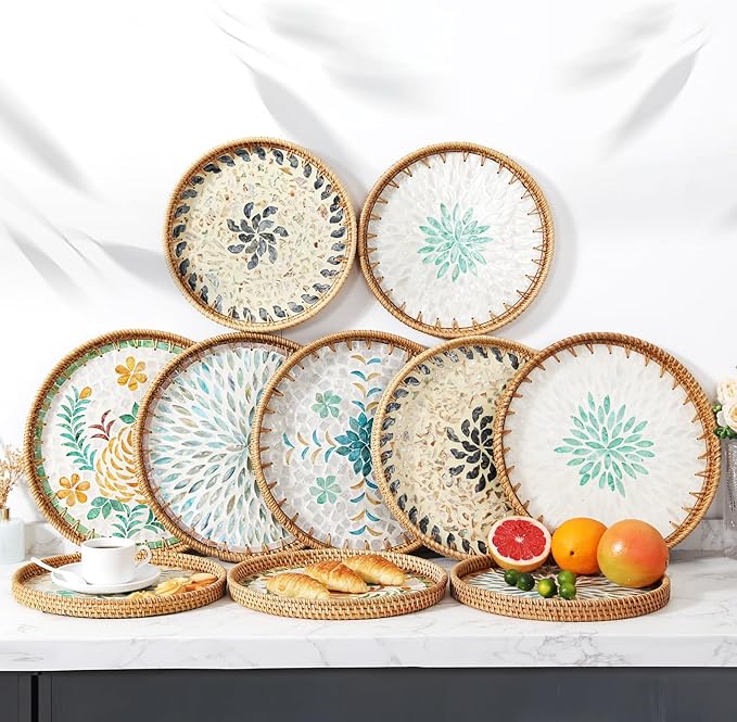 Rattan Serving Tray with Mother of Pearl, Round Coffee Table Wicker Tray Decor, Boho Decorative Woven Tray (Lucky Flower, 12 inch)