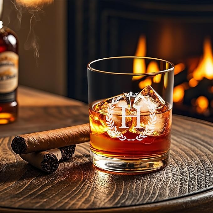Personalized Whiskey Glasses Gifts for Men, Monogrammed Engraved A-Z 10.6 oz Rocks Glass Customized Gift, Unique Christmas Birthday Gifts for Men Him Dad Husband Brother Son (H)