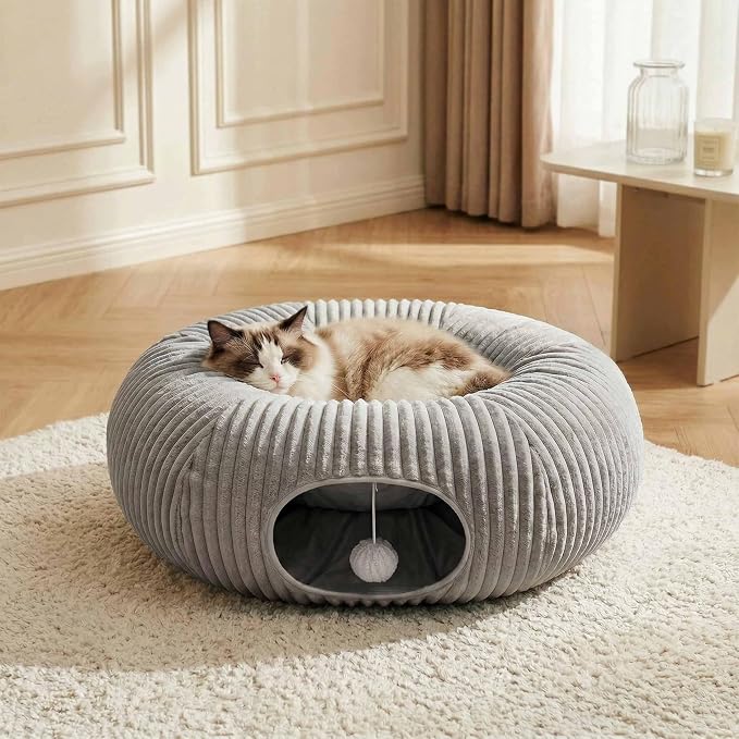 Cat Tunnel Bed for Indoor Cats, Peekaboo Cat Cave Bed, Grey | Soft Cat Donut Tunnel for Kitten Large Cats, Cat Gifts