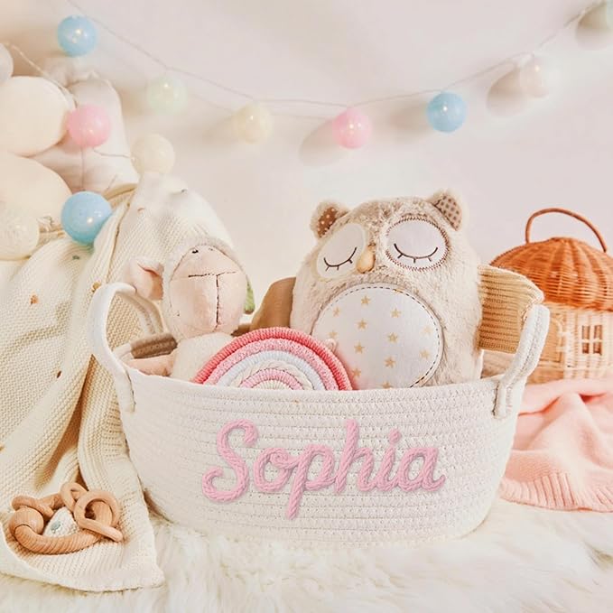 Personalized Baby Basket with Name Custom Cotton Rope Easter Basket Newborn Shower Gift Diaper Caddy Nursery Storage Bin (M)