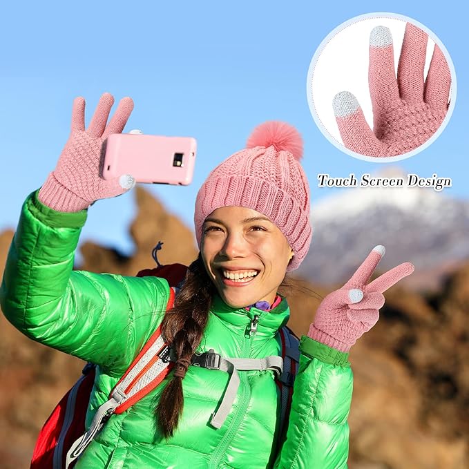 SATINIOR 5 Pcs Winter Hat Scarf Gloves Set Fleece Warm Lined Knit Beanie Hat Touch Screen Earmuff Gloves Warmer for Women(Pink,Classic Style)