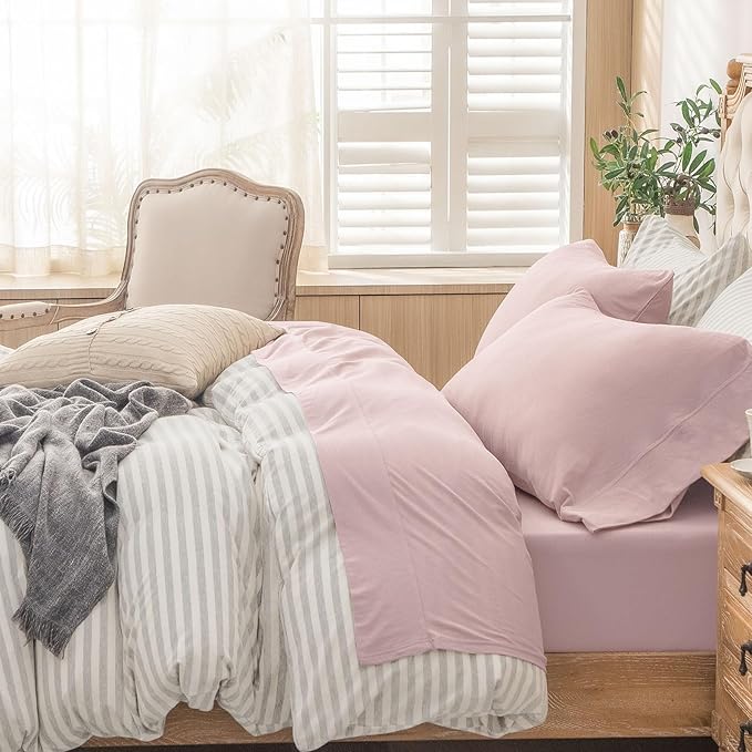 PURE ERA Jersey Knit 4pc Bed Sheet Set 100% T-Shirt Cotton Super Soft Comfy Breathable Fits Mattress Up to 20" Extra Deep Pocket (Solid Light Pink, Queen)