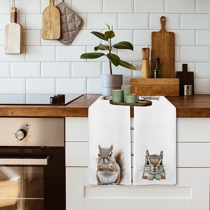 Funny Fall Squirrel Kitchen Towels and Dishcloths Sets of 2, Squirrel Decor Gifts, Woodsy Rustic Cabin Lodge Forest Nursery Home Decor Dish Hand Tea Towels for Bathroom Kitchen, 16x24 Inches