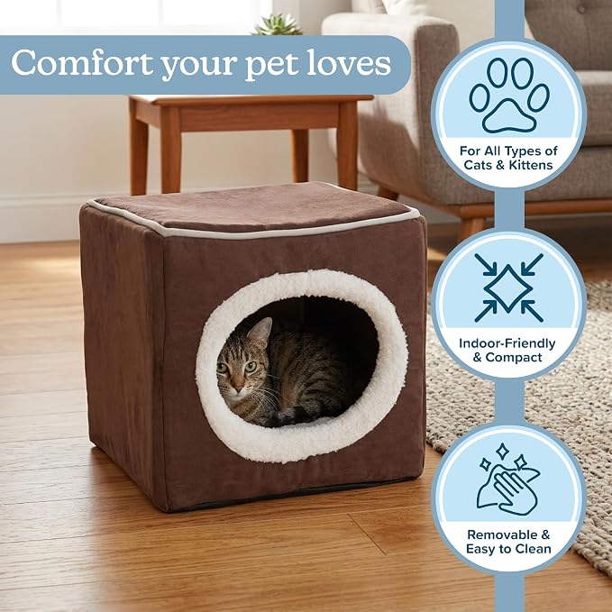 Cat House - Indoor Bed with Removable Foam Cushion - Cat Cave for Puppies, Rabbits, Guinea Pigs, and Other Small Animals by PETMAKER (Dark Brown) 13x13.5x12"