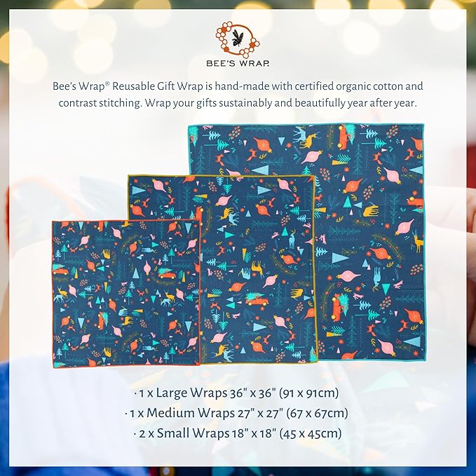 Bee's Wrap Reusable Organic Cotton Fabric Wrapping Paper, Eco Friendly Furoshiki Gift Wrap, Set of 4 Fabric Wraps, Winter Wonderland