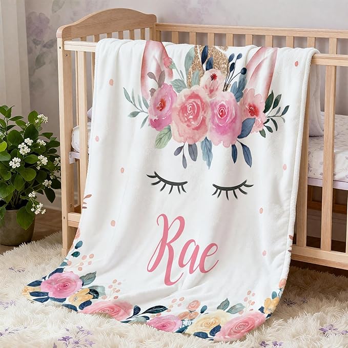 Personalized Baby Blanket with Name, Customized Soft Animals Flannel Blankets for Newborn Boys Girls and Toddlers, for New Mom, Infant Birthday Gift, Unicorn-2
