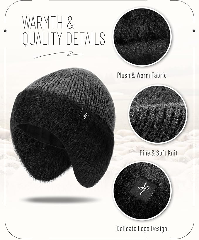 Winter Fleece-Lined Beanie with Earflaps, Warm Windproof Unisex Beanie Hat for Skiing, Hiking & Outdoor Winter Sports