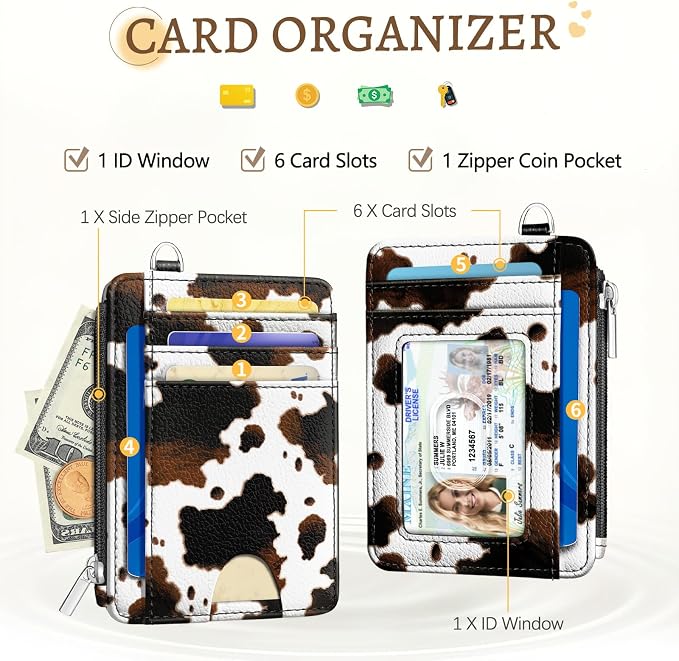 Kelvoris Credit Card Holder Small Wallet Women, Slim RFID, Cow Print | Keychain, Zipper Coin Pocket, Front Pocket Thin Travel Card Case, Minimalist, 6 Card Slots, 1 ID Window, Ladies Gifts Woman