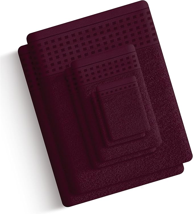 GLAMBURG Towels for Bathroom, 100% Cotton Towel Set, Contains 8 Soft Bath Towel, 8 Hand Towels, 8 Wash Cloths - Compact Absorbent Lightweight & Quickdry - 24 Piece Bathroom Towel Set - Burgundy