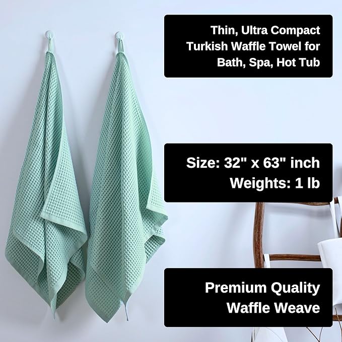 PÜSKÜL Premium Waffle Bath Towels Set of 2 - Organic 100% Turkish Cotton Bath Towel - Quick Dry, Absorbent, Light, Thin, 32x63 Large Waffle Towels for Bathroom (Ice Green Bath Towels - Pack of 2)