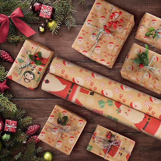 AhfuLife 2 Rolls Christmas Wrapping Paper - 17 Inch × 49.2 Feet Per Roll, Recyclable Santa Claus Kraft Xmas Wrapping Paper Roll for Christmas Gift Box Birthday Party Decoration -138 sq. ft. ttl