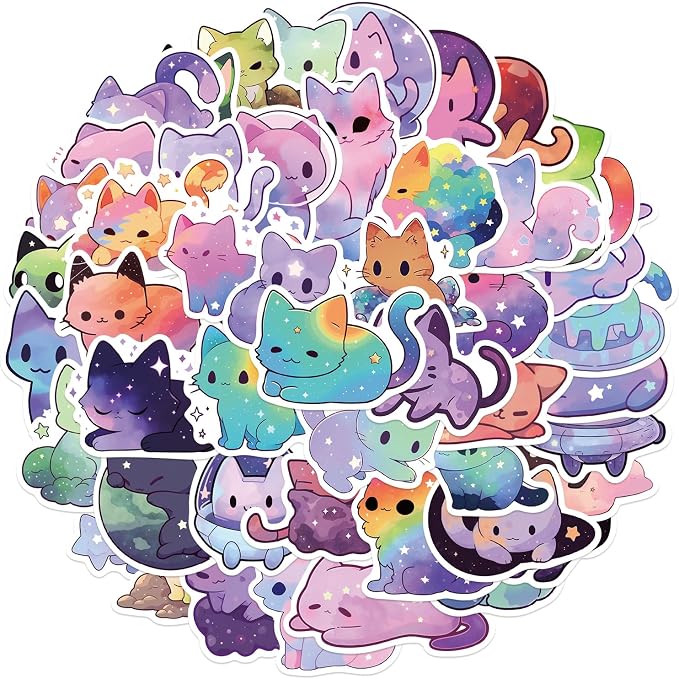 50Pcs Cats Sticker, Cute Starry Sky Cats Stickers for Kids Teens Adults, Vinyl Cartoon Pink Animals Decals Kawaii Sticker for Decor Water Bottles Laptops Guitar Scrapbook (Starlight Cat)