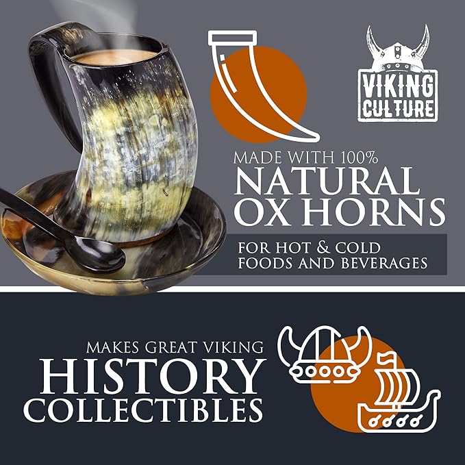 Viking Culture Coffee Horn Mug with Spoon, Plate and Bag, 3 Pc Set, Horned Handle with Rustic Natural Finish, Safely Holds Hot and Cold Tea, Cocoa, Wine, Beer or Mead