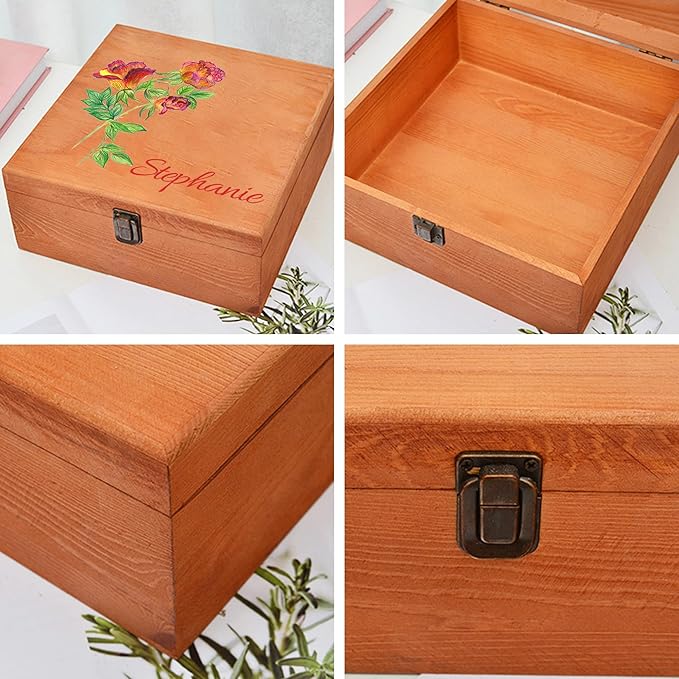 Personalized Wooden Keepsake Memory Box with Birth Flower & Name, Custom Wood Decorative Storage Box with Lids Customized Christmas Gift Box for Women Teen Girls Mom Birthday Gifts