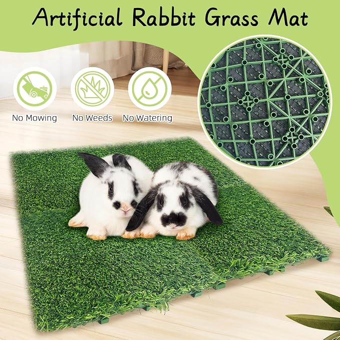 Hamiledyi 4 Pcs Artificial Rabbit Grass Mats Reusable Guinea Pig Pee Pads 11.8" x 11.8" Washable Turf Fake Grass Plastic Bunny Mat for Rabbit Chinchilla Small Pets Indoor Outdoor Trainer