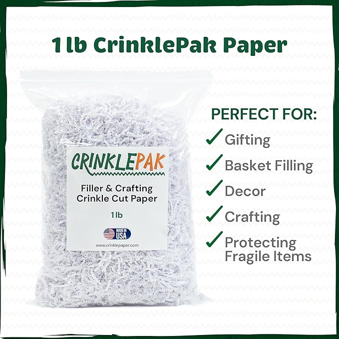 1LB USA Made White Crinkle Paper Filler | Great Shredded Paper For Gift Baskets, Shipping Packages, Gift Box, Basket Filler, Birthdays, Weddings, Anniversaries | White Crinkle